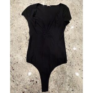 Intimately By Free People Black Short Sleeve Bodysuit Twist Front Size L